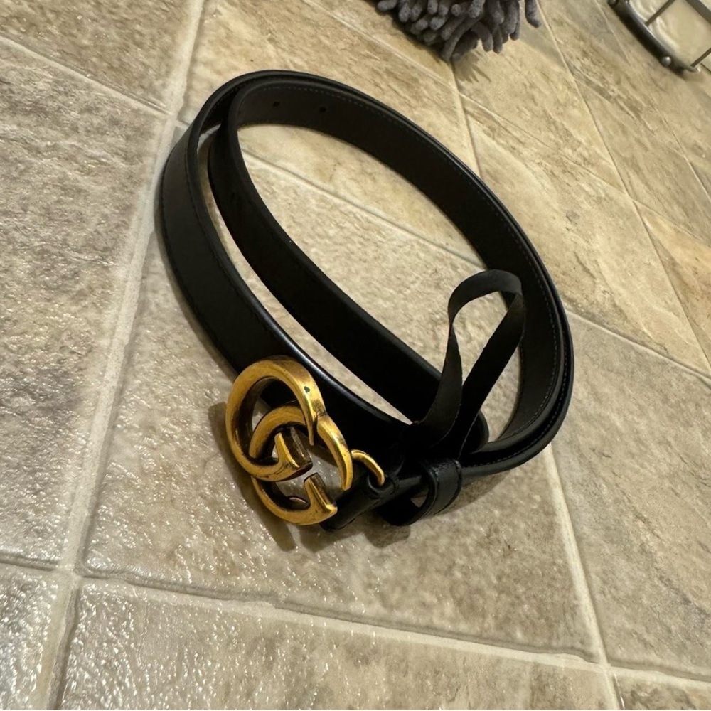 Gucci Black Leather Belt with Gold Accents